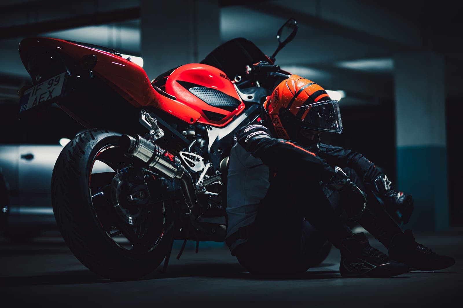 A full set of motorcycle protective gear ready to wear