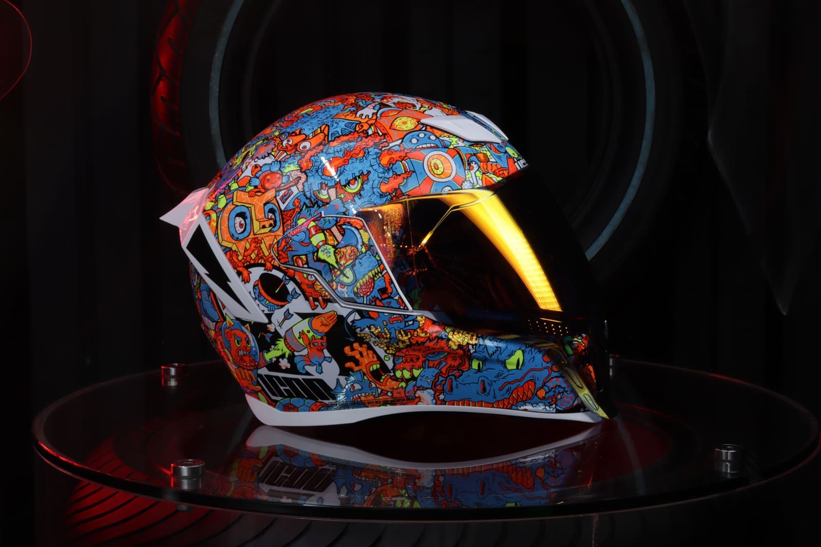 Close detail of a motorcycle helmet visor and shell